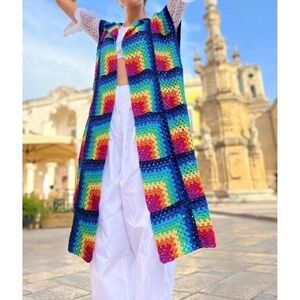 ROSE CARMINE Coat No Sleeves In Marine Rainbow Granny Square Crochet Lurex NWT